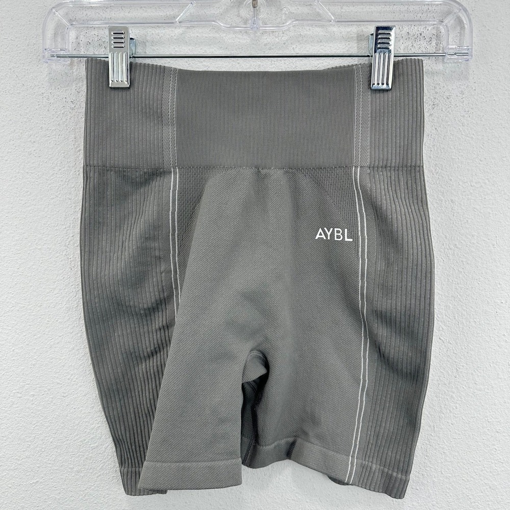 AYBL Size Small Motion Seamless Biker Shorts Gray White Trim High Waist Gym Spin